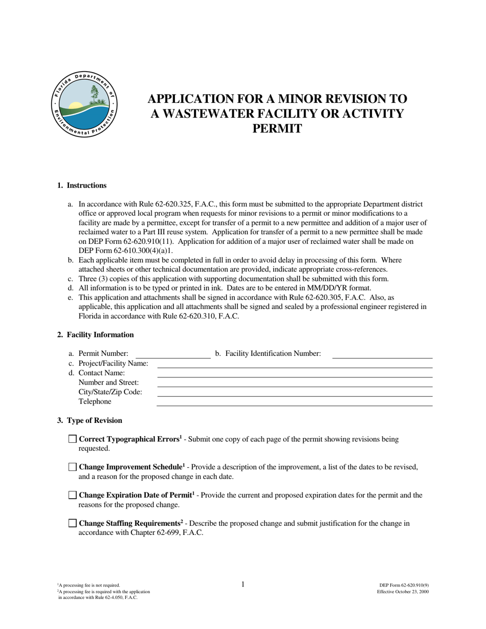 DEP Form 62-620.910(9) Application for a Minor Revision to a Wastewater Facility or Activity Permit - Florida, Page 1