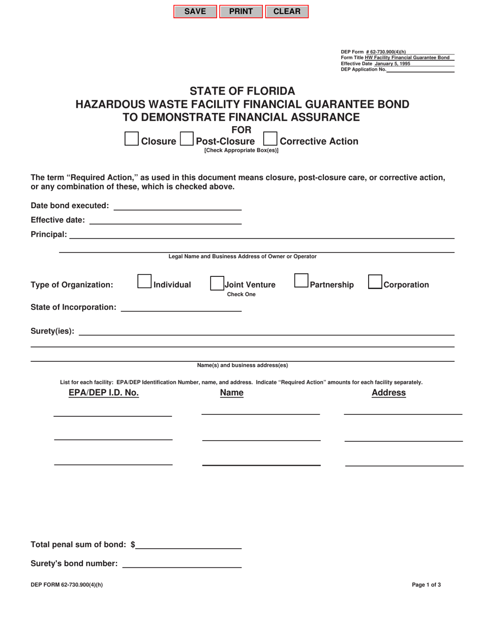 DEP Form 62-730.900(4)(H) Hazardous Waste Facility Financial Guarantee Bond to Demonstrate Financial Assurance - Florida, Page 1