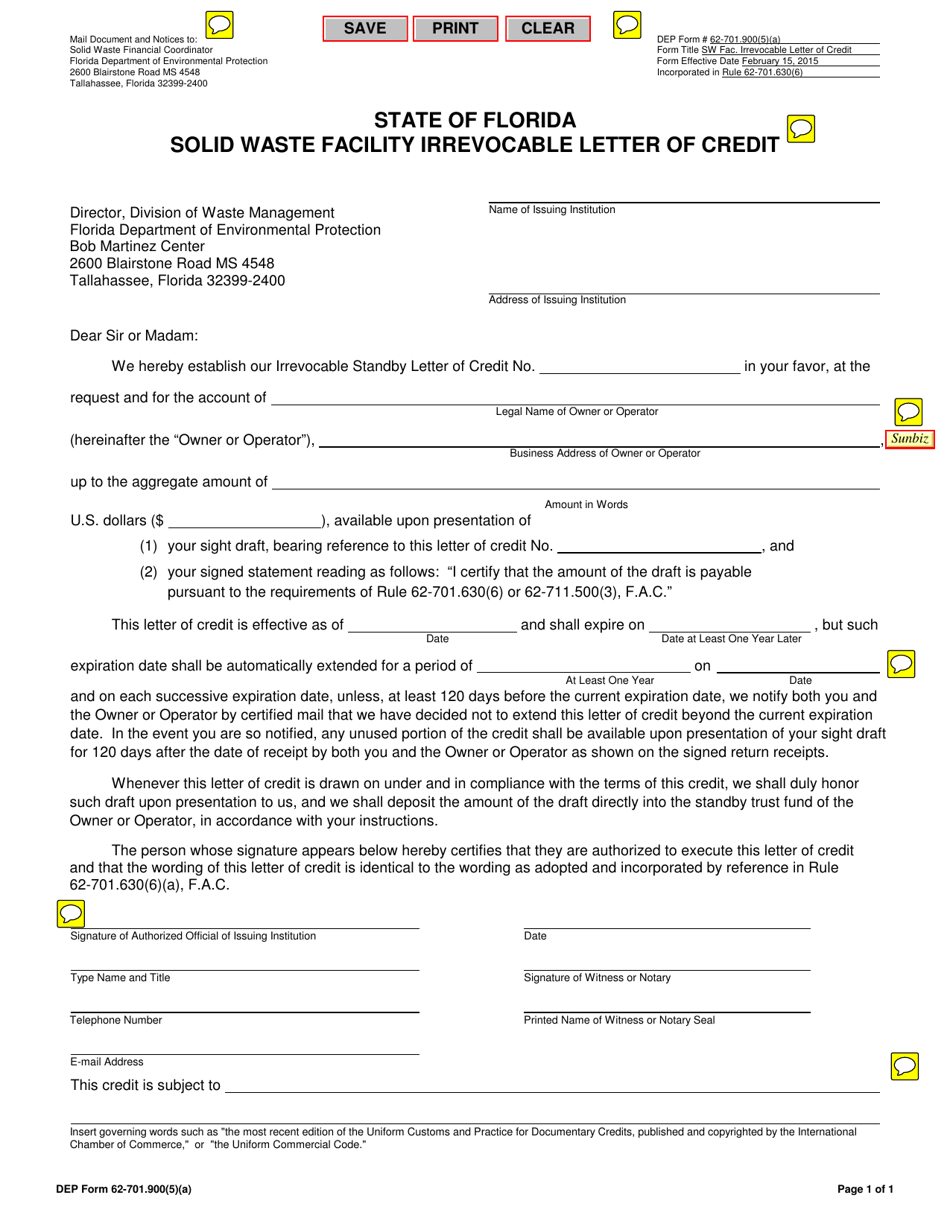 DEP Form 62-701.900(5)(A) Solid Waste Facility Irrevocable Letter of Credit - Florida, Page 1