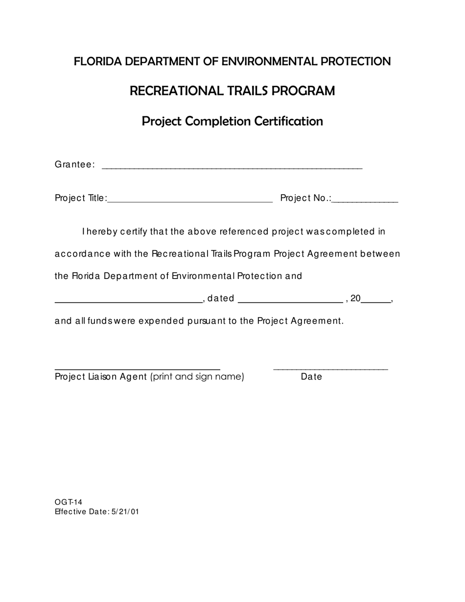 Form OGT-14 Project Completion Certification - Recreational Trails Program - Florida, Page 1