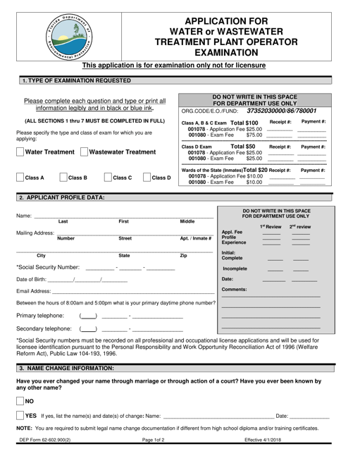 DEP Form 62-602.900(2) Application for Water or Wastewater Treatment Plant Operator Examination - Florida