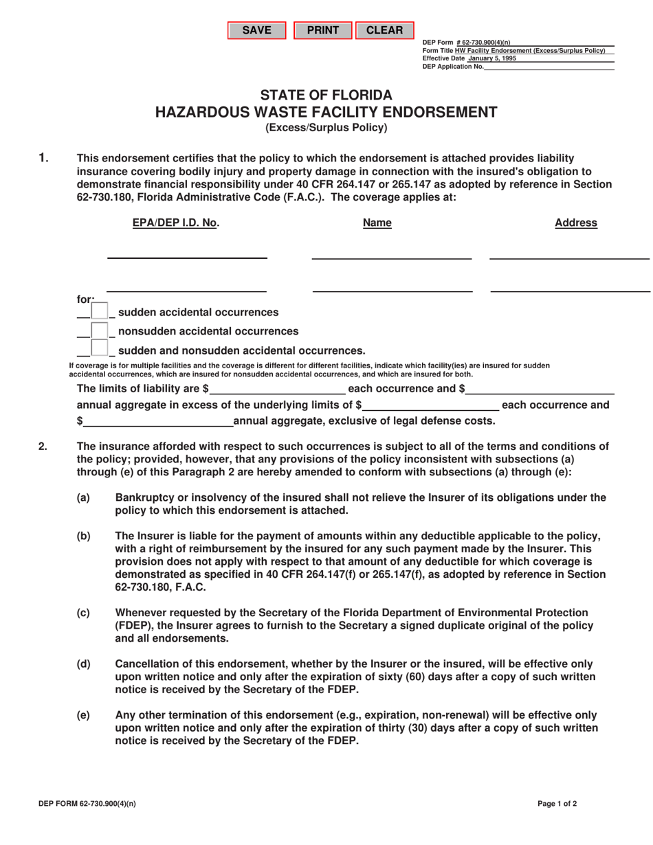 DEP Form 62-730.900(4)(N) Hazardous Waste Facility Endorsement (Excess / Surplus Policy) - Florida, Page 1