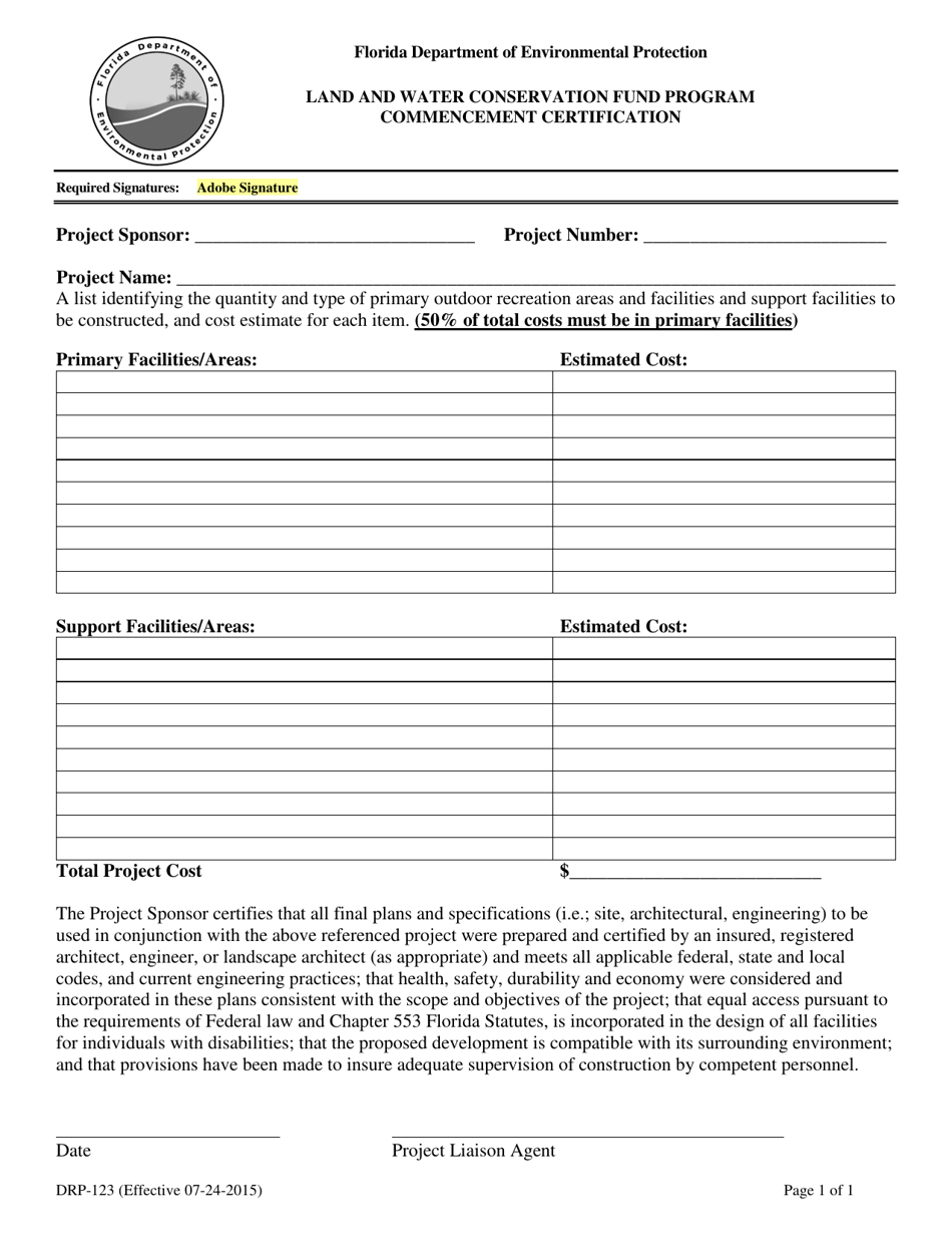 Form DRP-123 Land and Water Conservation Fund Program Commencement Certification - Florida, Page 1