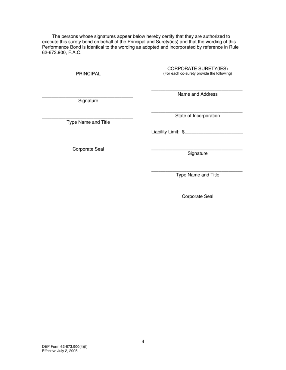 DEP Form 62-673.900(4)(F) Phosphogypsum Stack System Performance Bond to Demonstrate Closure, Water Management and / or Long-Term Care Financial Assurance - Florida, Page 4