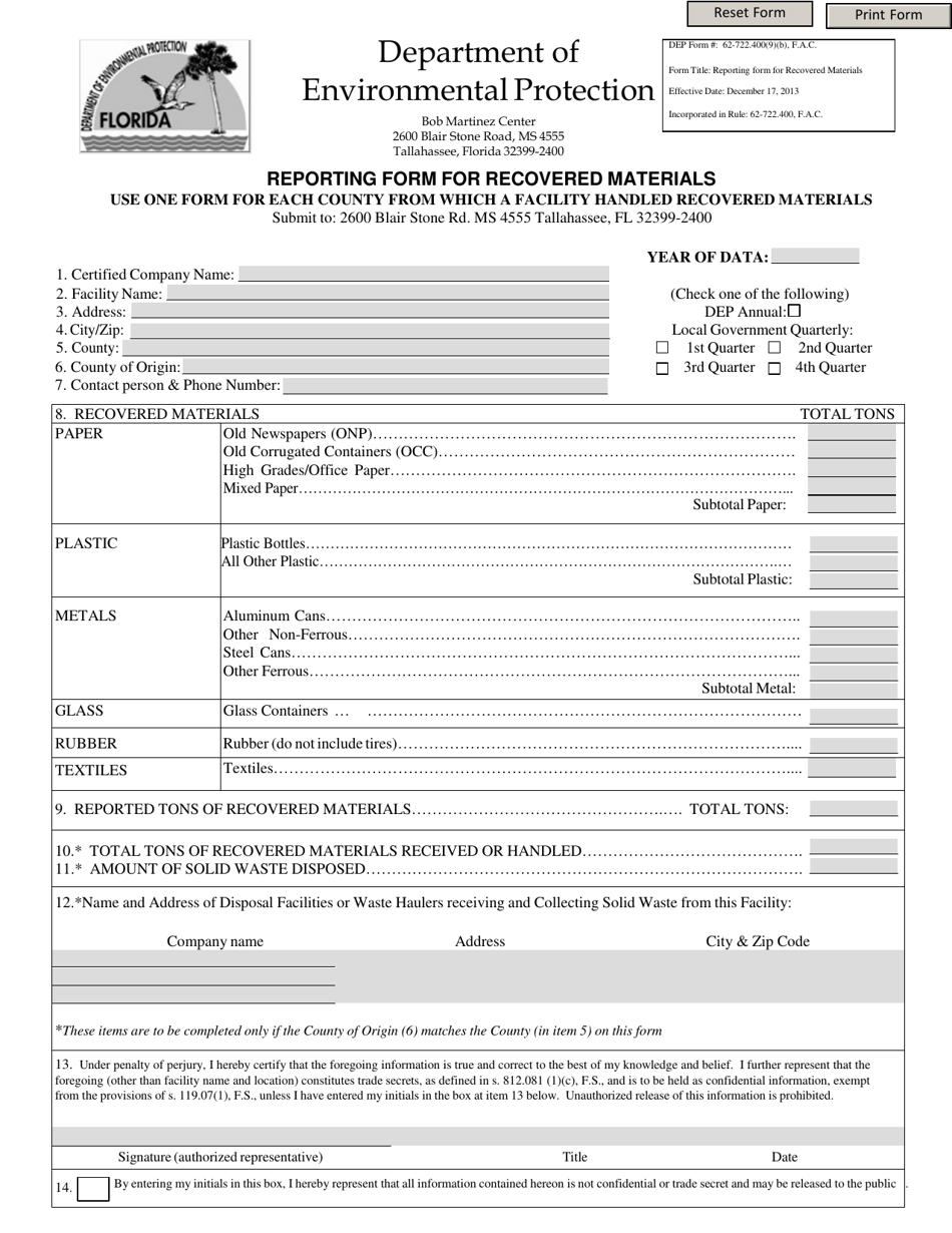 DEP Form 62-722.400(9)(B) Reporting Form for Recovered Materials - Florida, Page 1