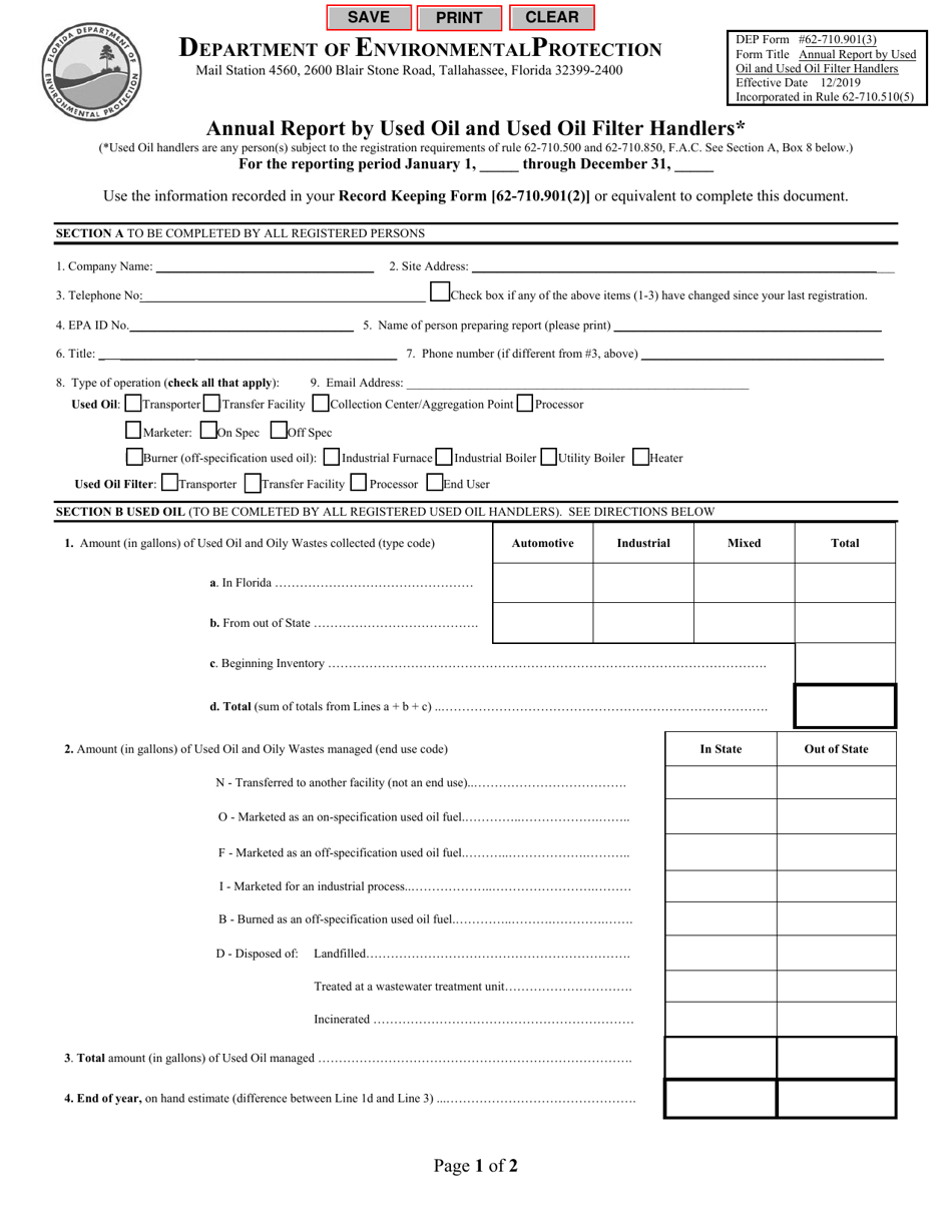 DEP Form 62-710.901(3) Annual Report by Used Oil and Used Oil Filter Handlers - Florida, Page 1