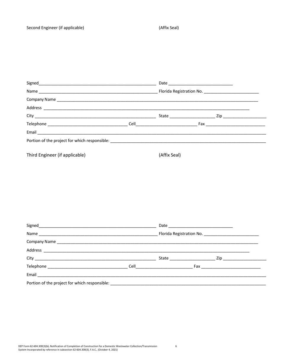 DEP Form 62-604.300(3)(B) Notification of Completion of Construction for a Domestic Wastewater Collection / Transmission System - Florida, Page 6