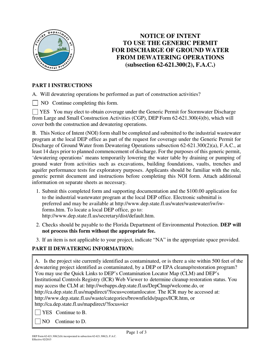 DEP Form 62-621.300(2)(B) Notice of Intent to Use the Generic Permit for Discharge of Ground Water From Dewatering Operations - Florida, Page 1
