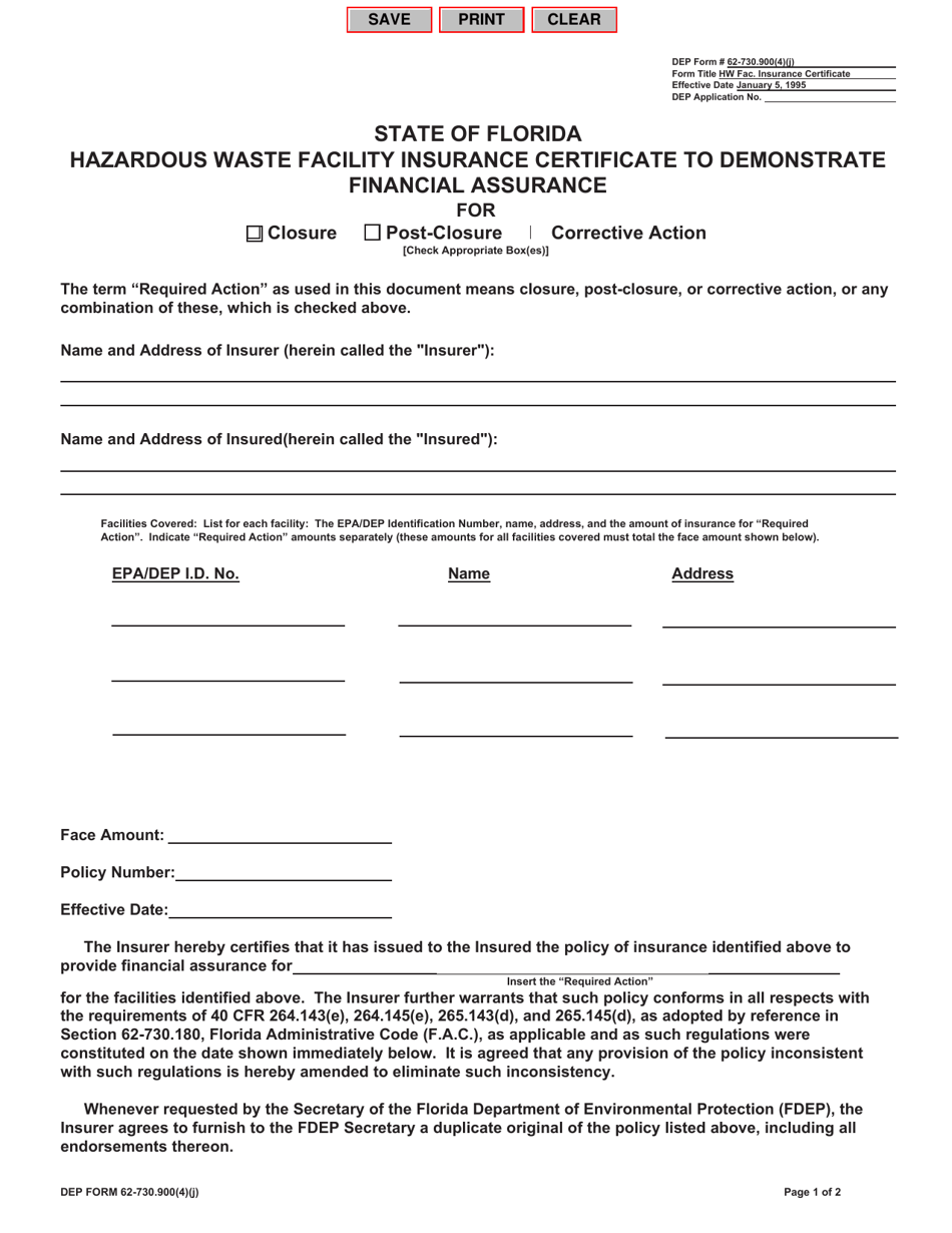 DEP Form 62-730.900(4)(J) Hazardous Waste Facility Insurance Certificate to Demonstrate Financial Assurance - Florida, Page 1