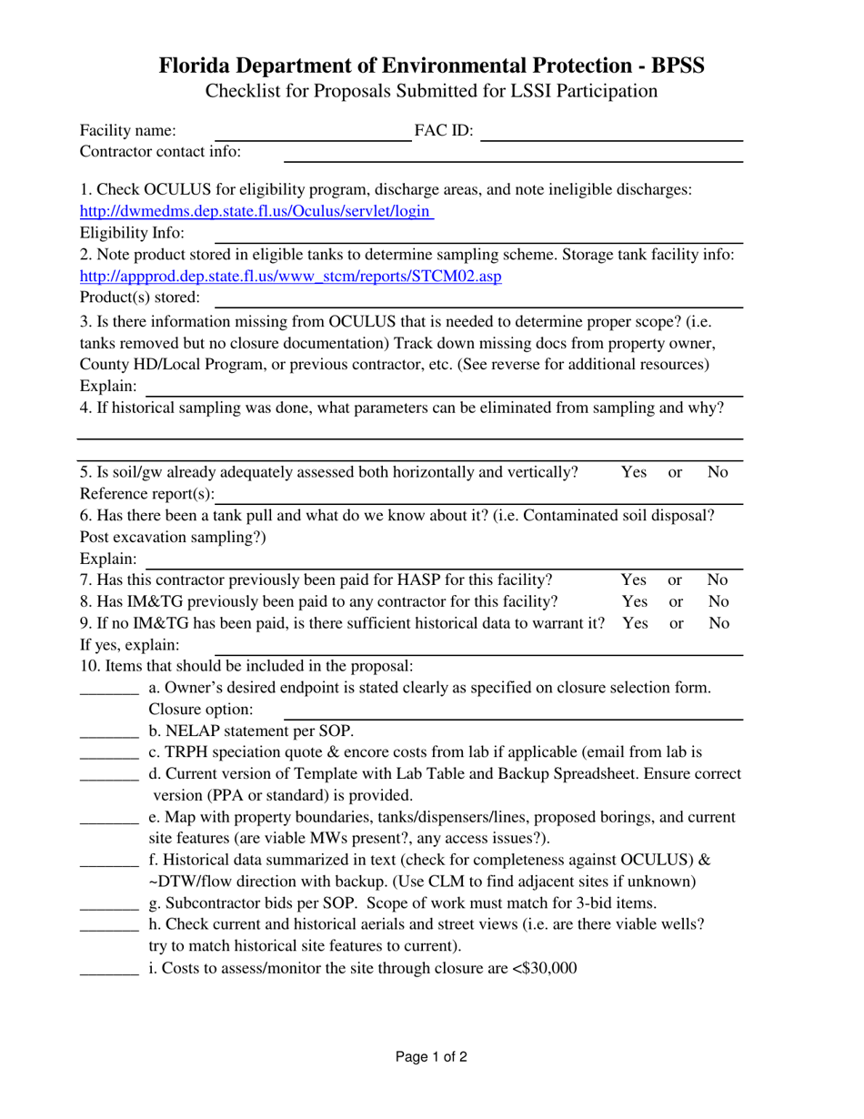 Checklist for Proposals Submitted for Lssi Participation - Florida, Page 1
