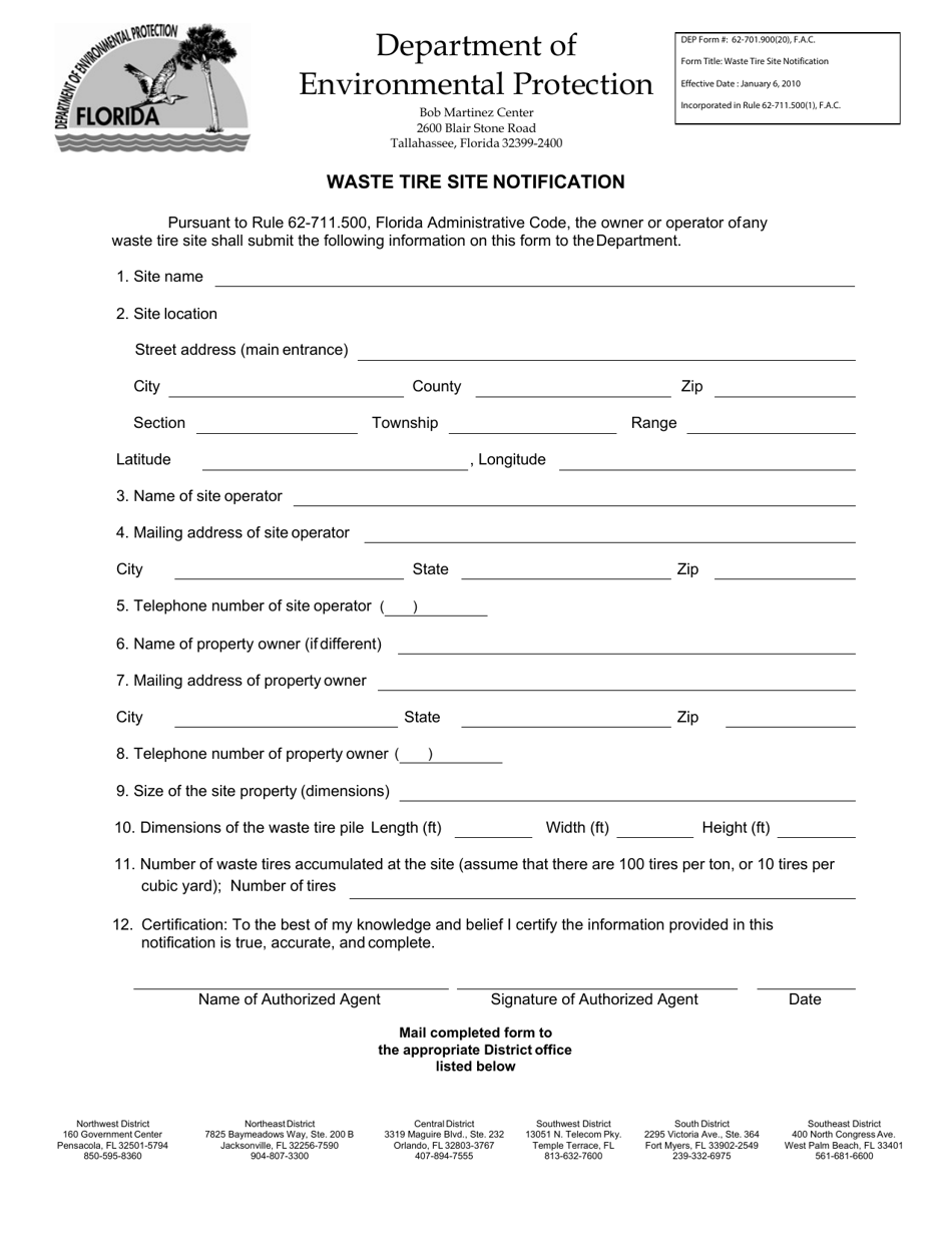 DEP Form 62-701.900(20) Waste Tire Site Notification - Florida, Page 1
