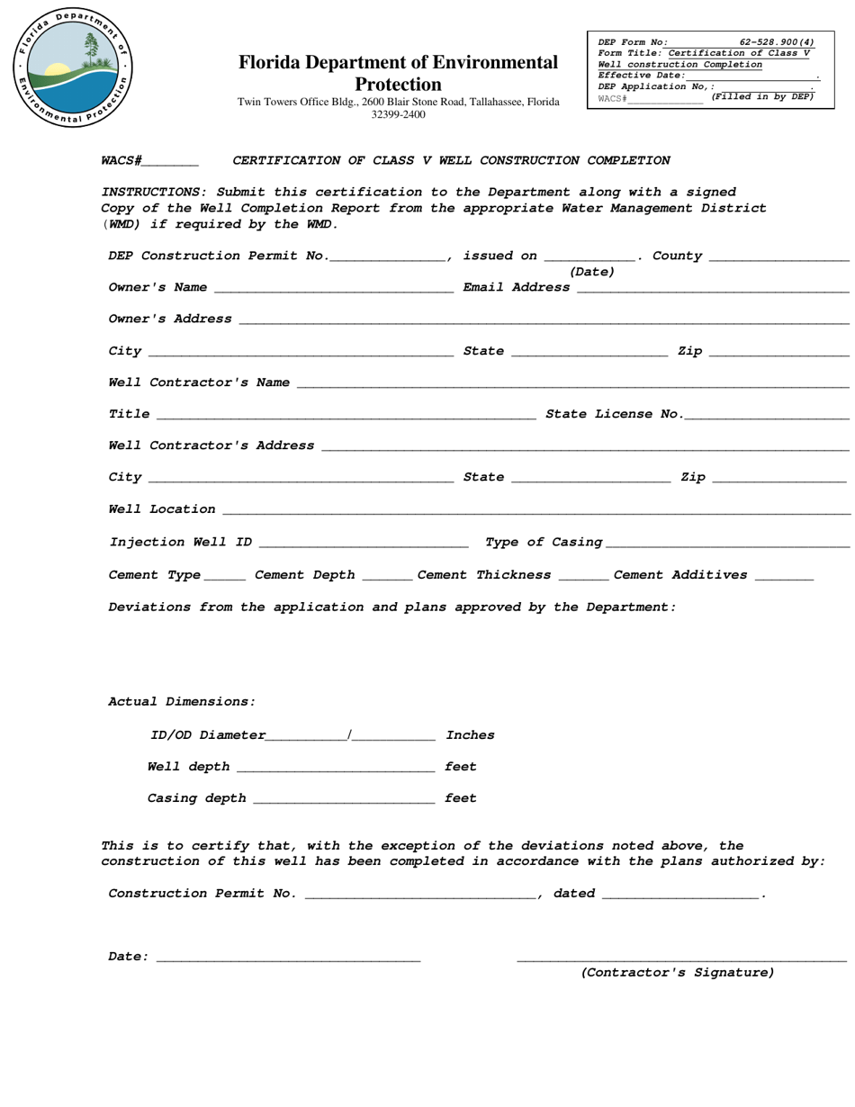 DEP Form 62-528.900(4) Certification of Class V Well Construction Completion - Florida, Page 1