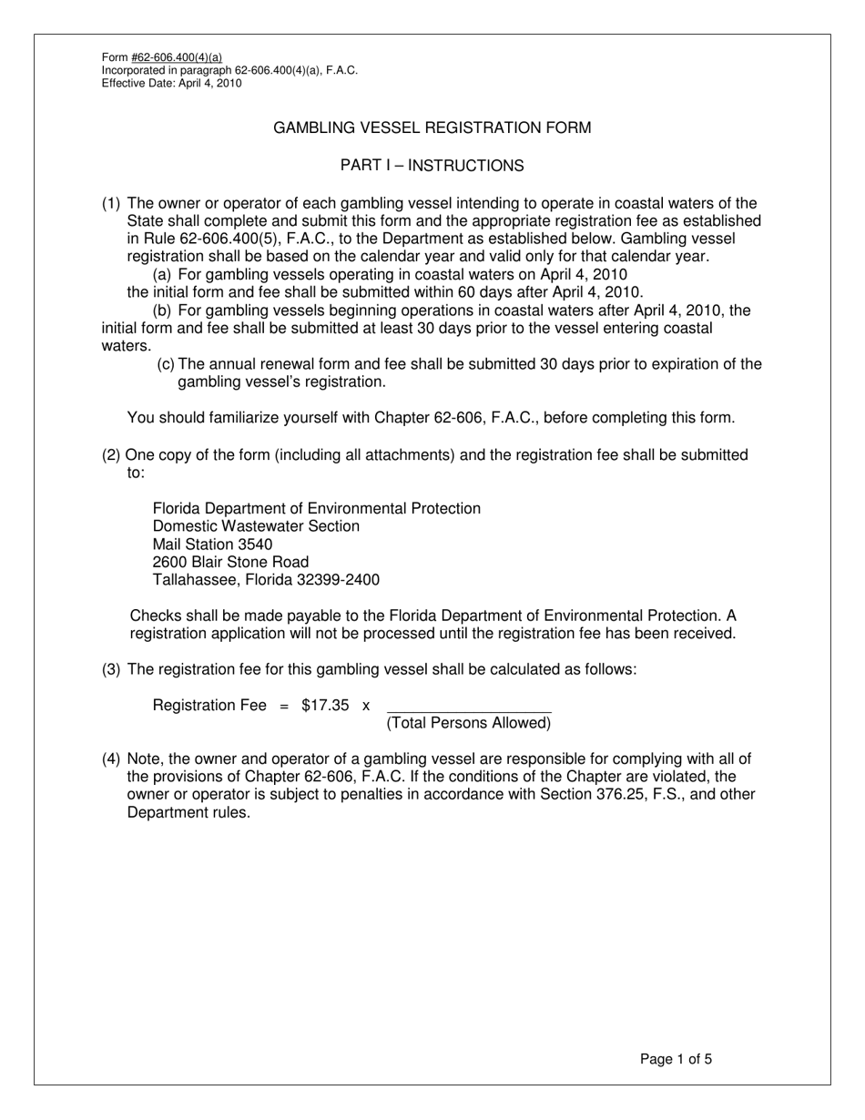 Form 62-606.400(4)(A) Gambling Vessel Registration Form - Florida, Page 1