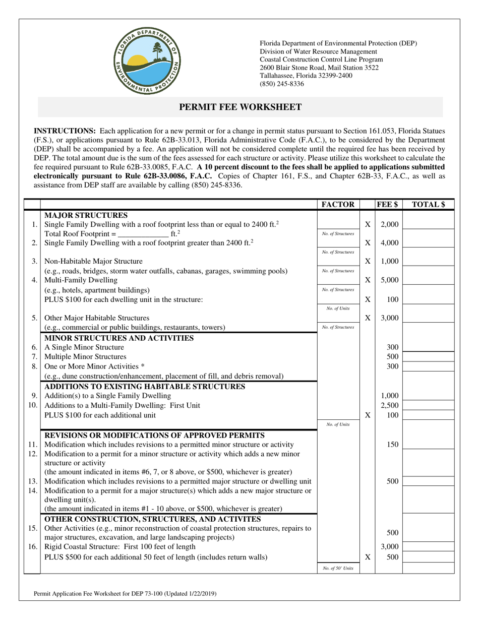 DEP Form 73-100 Permit Fee Worksheet - Florida, Page 1