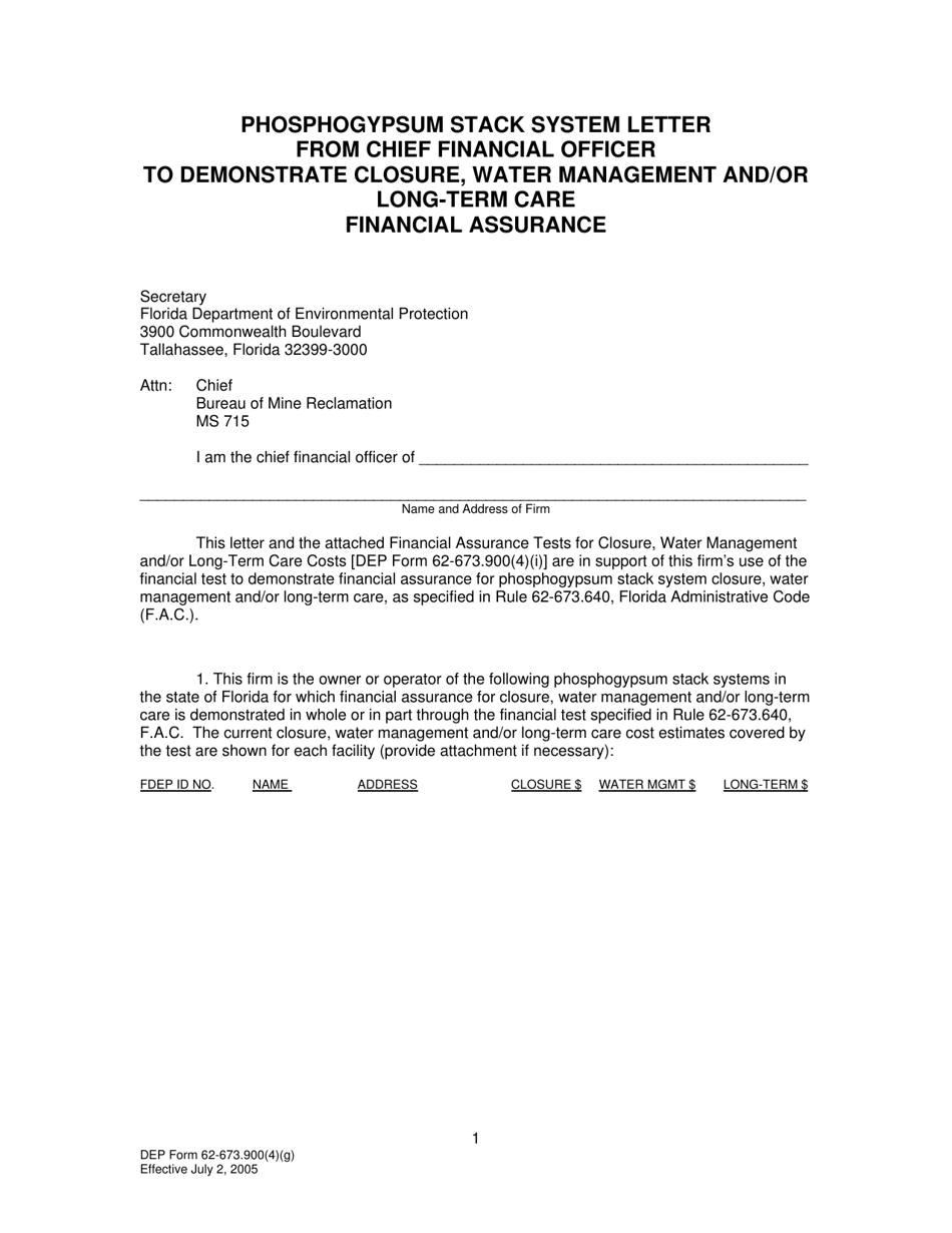 DEP Form 62-673.900(4)(G) Phosphogypsum Stack System Letter From Chief Financial Officer to Demonstrate Closure, Water Management and/or Long-Term Care Financial Assurance - Florida, Page 1