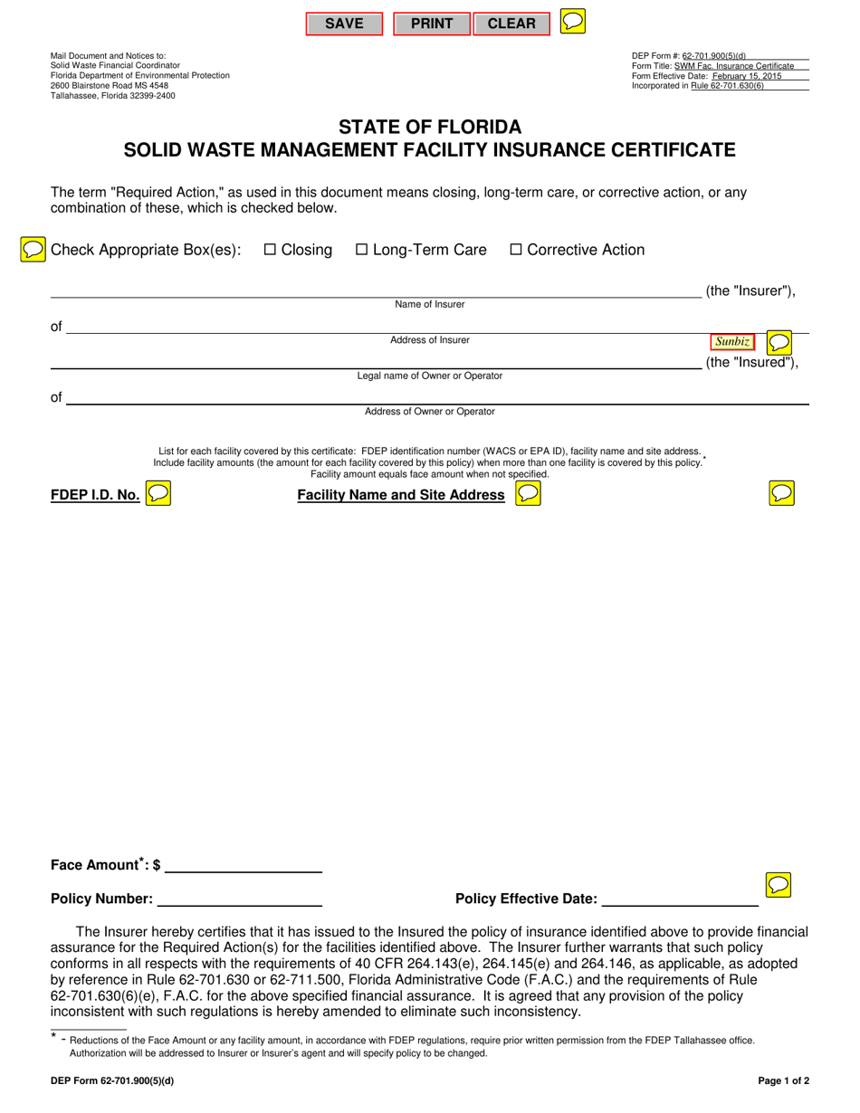 DEP Form 62-701.900(5)(D) Solid Waste Management Facility Insurance Certificate - Florida, Page 1