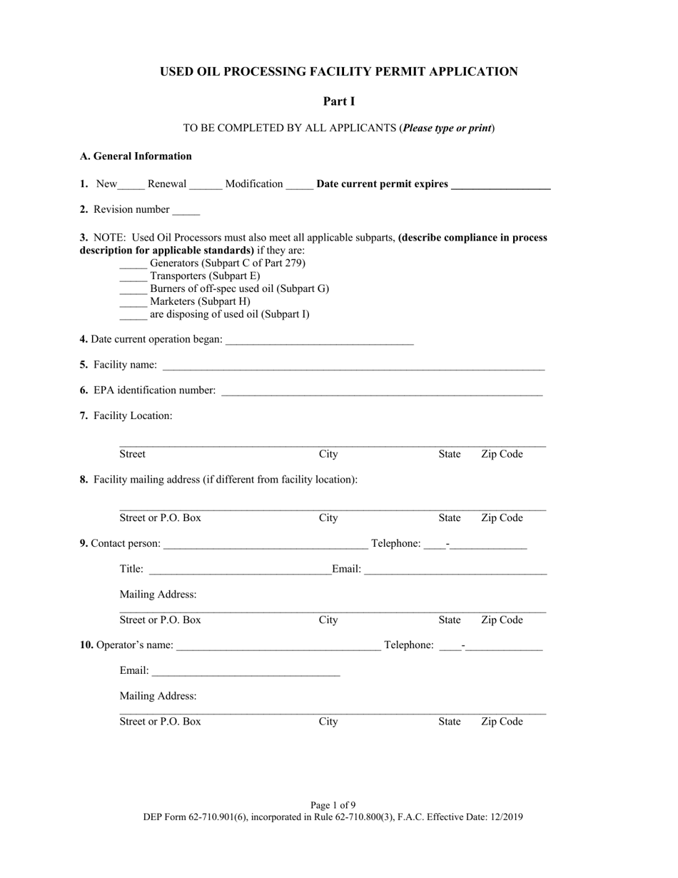 DEP Form 62-710.901(6) Used Oil Processing Facility Permit Application - Florida, Page 1
