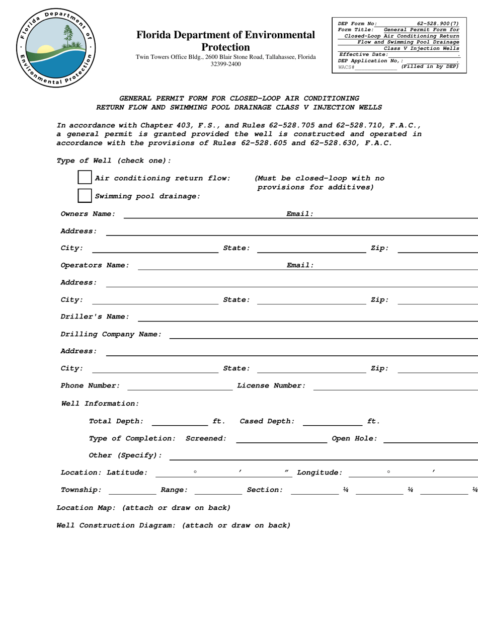 Form 62-528.900(7) General Permit Form for Closed-Loop Air Conditioning Return Flow and Swimming Pool Drainage Class V Injection Wells - Florida, Page 1