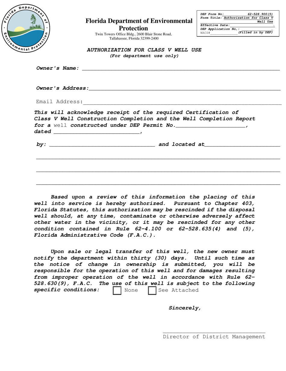 Form 62-528.900(5) Authorization for Class V Well Use - Florida, Page 1