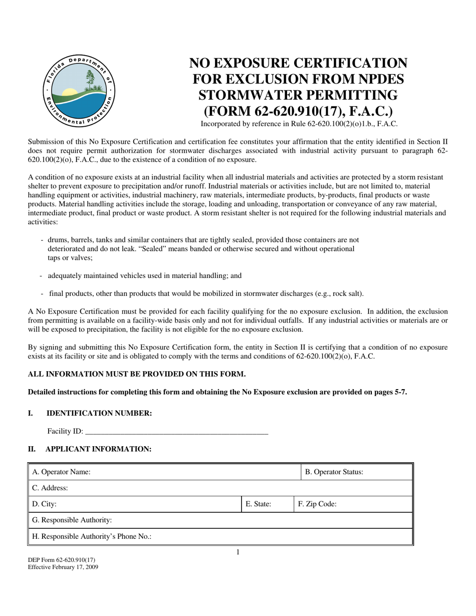DEP Form 62-620.910(17) No Exposure Certification for Exclusion From Npdes Stormwater Permitting - Florida, Page 1
