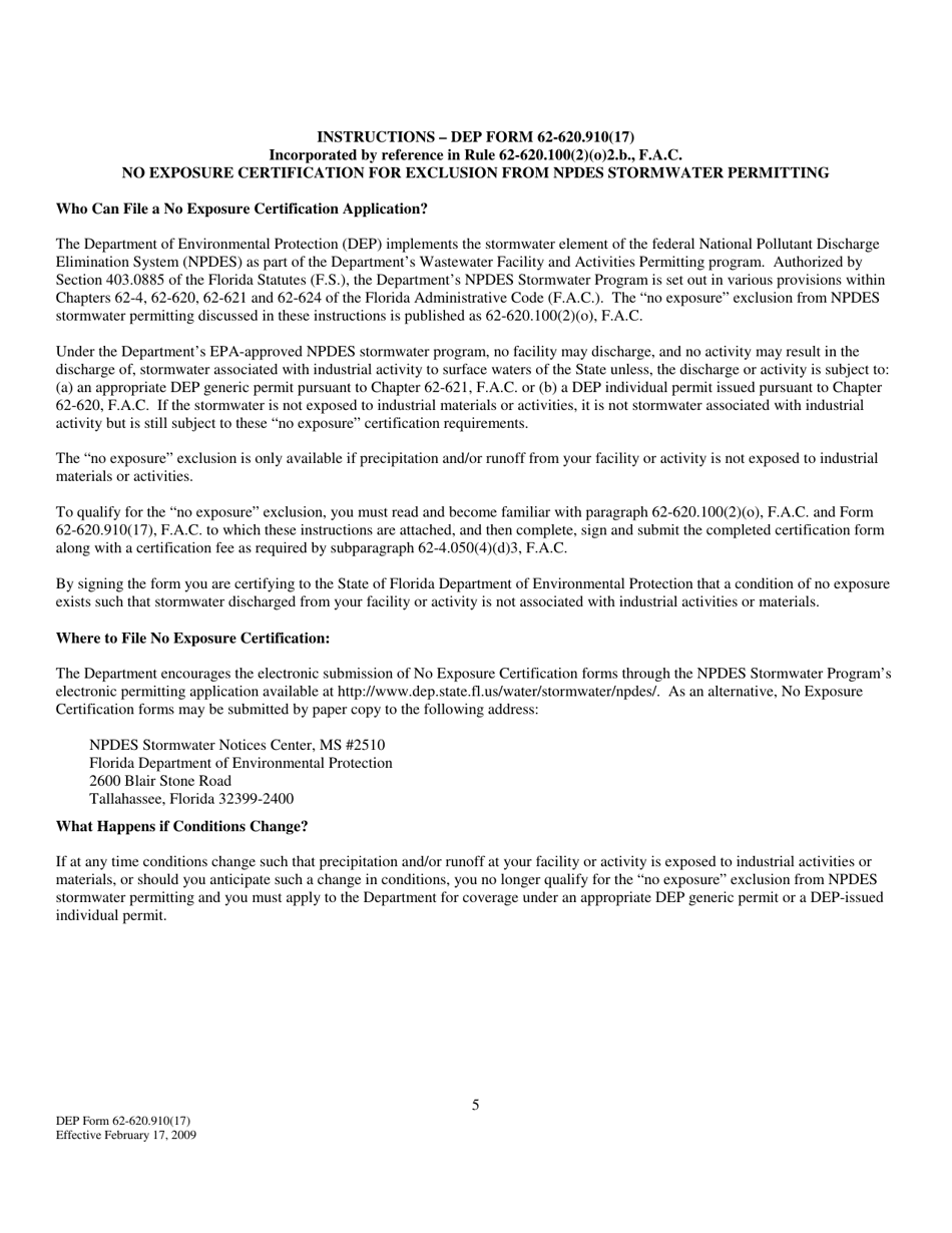 DEP Form 62-620.910(17) No Exposure Certification for Exclusion From Npdes Stormwater Permitting - Florida, Page 5