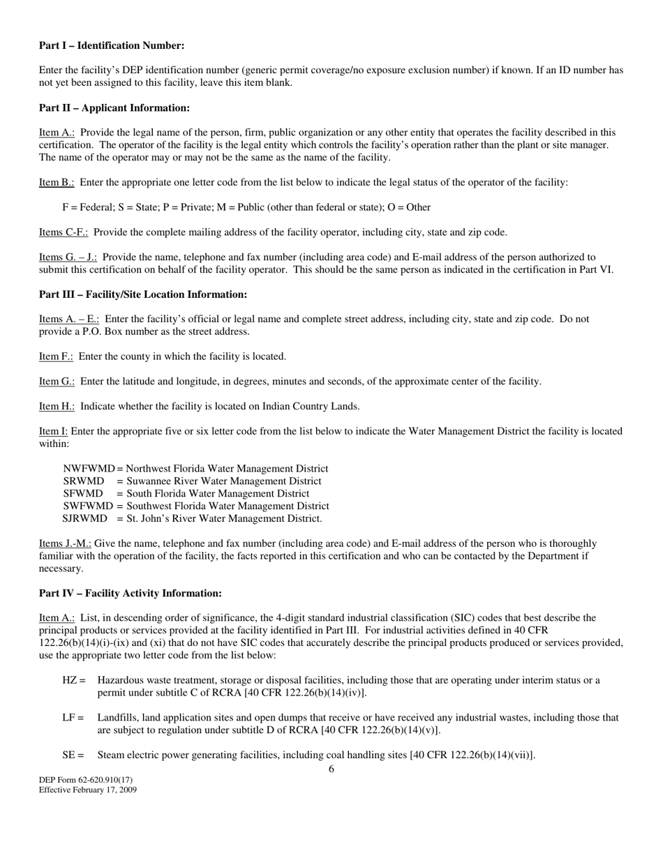 DEP Form 62-620.910(17) No Exposure Certification for Exclusion From Npdes Stormwater Permitting - Florida, Page 6