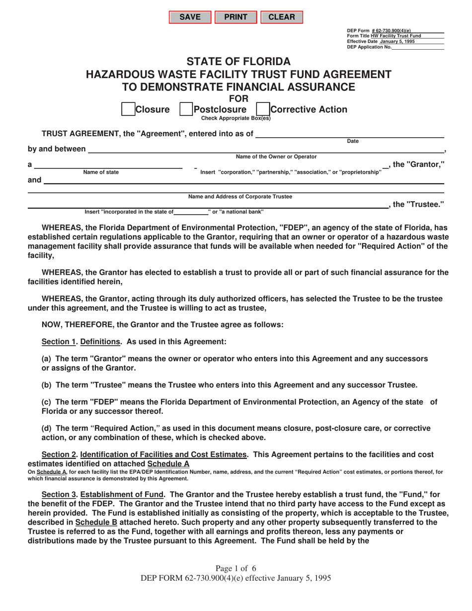 DEP Form 62-730.900(4)(E) Hazardous Waste Facility Trust Fund Agreement to Demonstrate Financial Assurance - Florida, Page 1