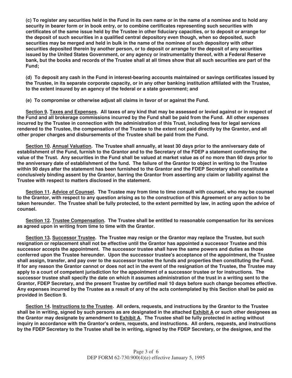 DEP Form 62-730.900(4)(E) Hazardous Waste Facility Trust Fund Agreement to Demonstrate Financial Assurance - Florida, Page 3