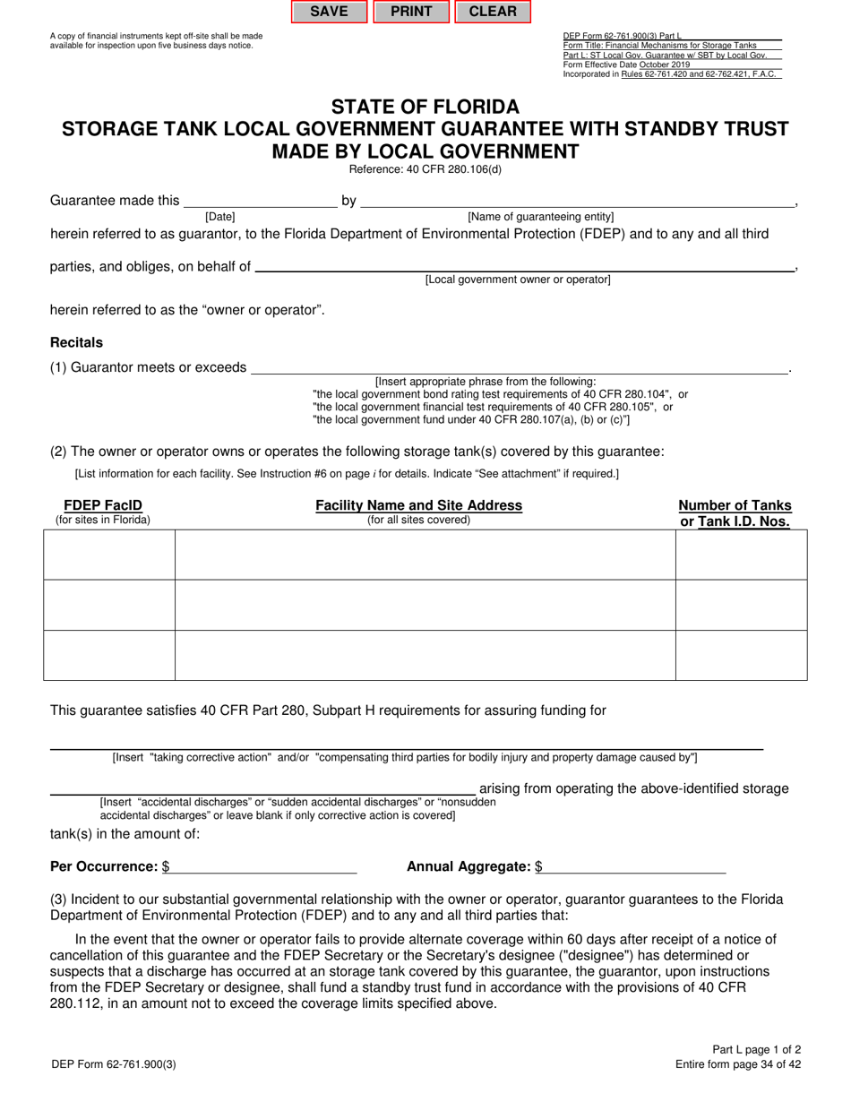 DEP Form 62-761.900(3) Part L Storage Tank Local Government Guarantee With Standby Trust Made by Local Government - Florida, Page 1