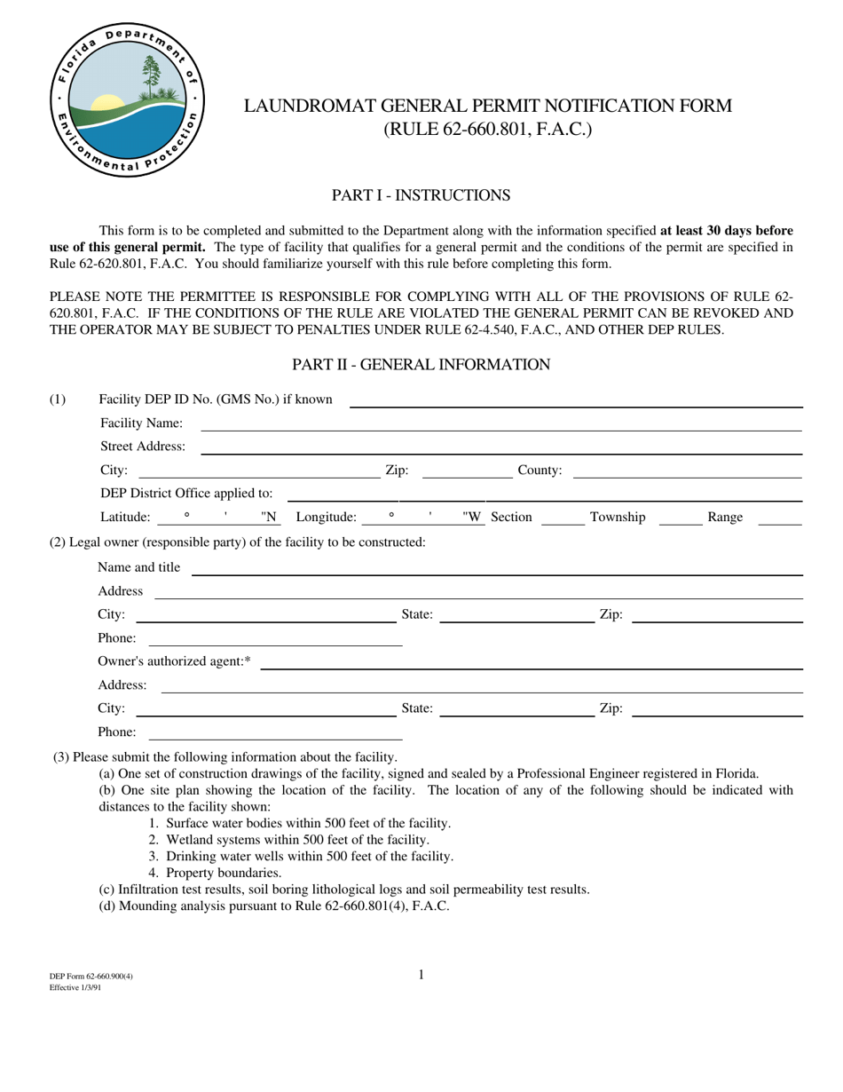 DEP Form 62-660.900(4) Laundromat General Permit Notification Form - Florida, Page 1
