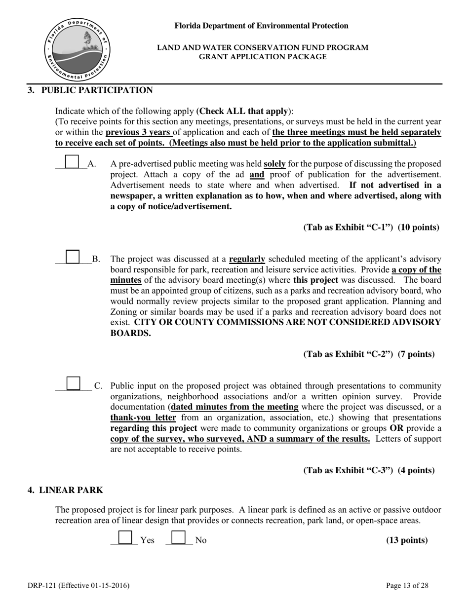 Form DRP-121 Land and Water Conservation Fund Program Grant Application Package - Florida, Page 13
