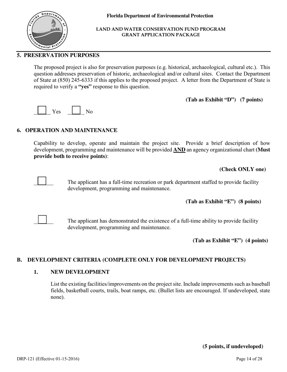Form DRP-121 Land and Water Conservation Fund Program Grant Application Package - Florida, Page 14
