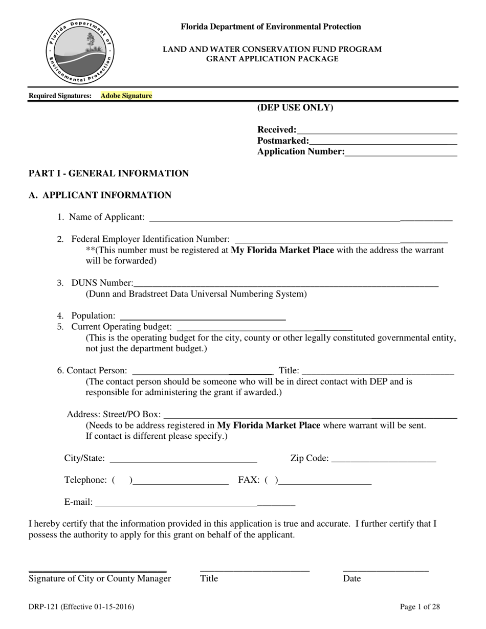 Form DRP-121 Land and Water Conservation Fund Program Grant Application Package - Florida, Page 1
