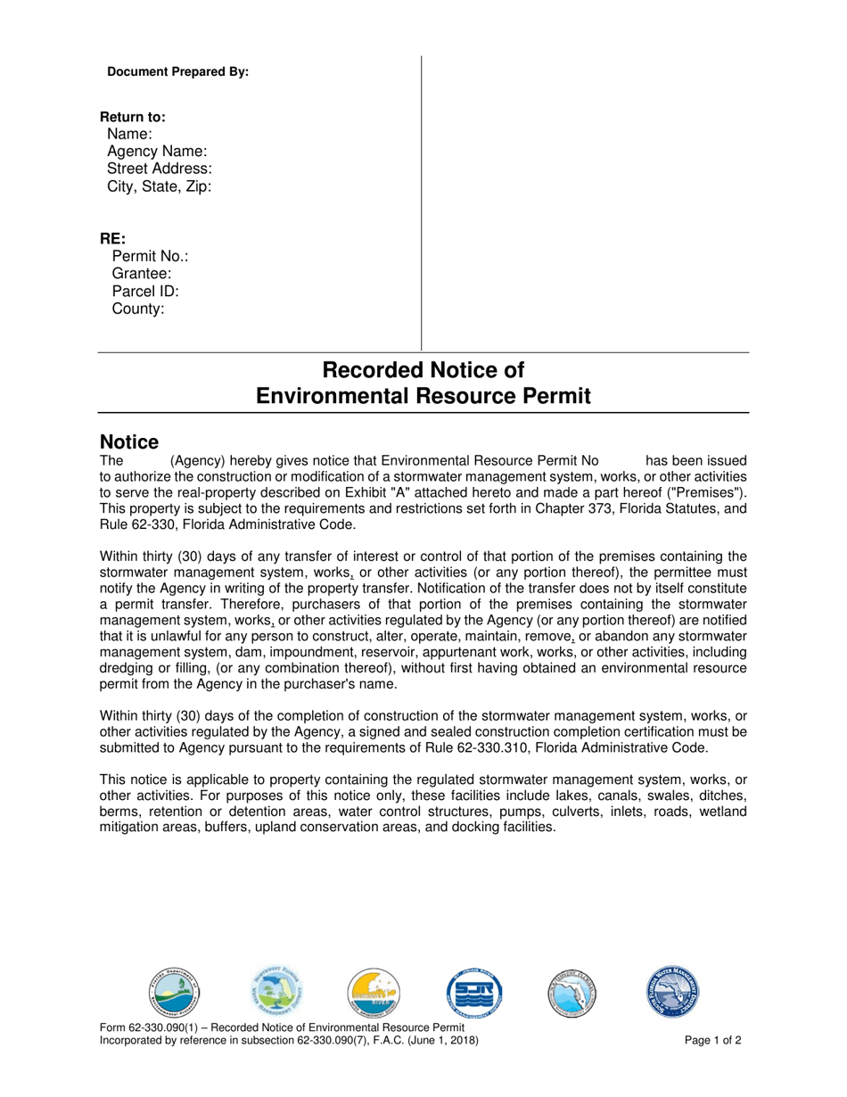 Form 62-330.090(1) Recorded Notice of Environmental Resource Permit - Florida, Page 1