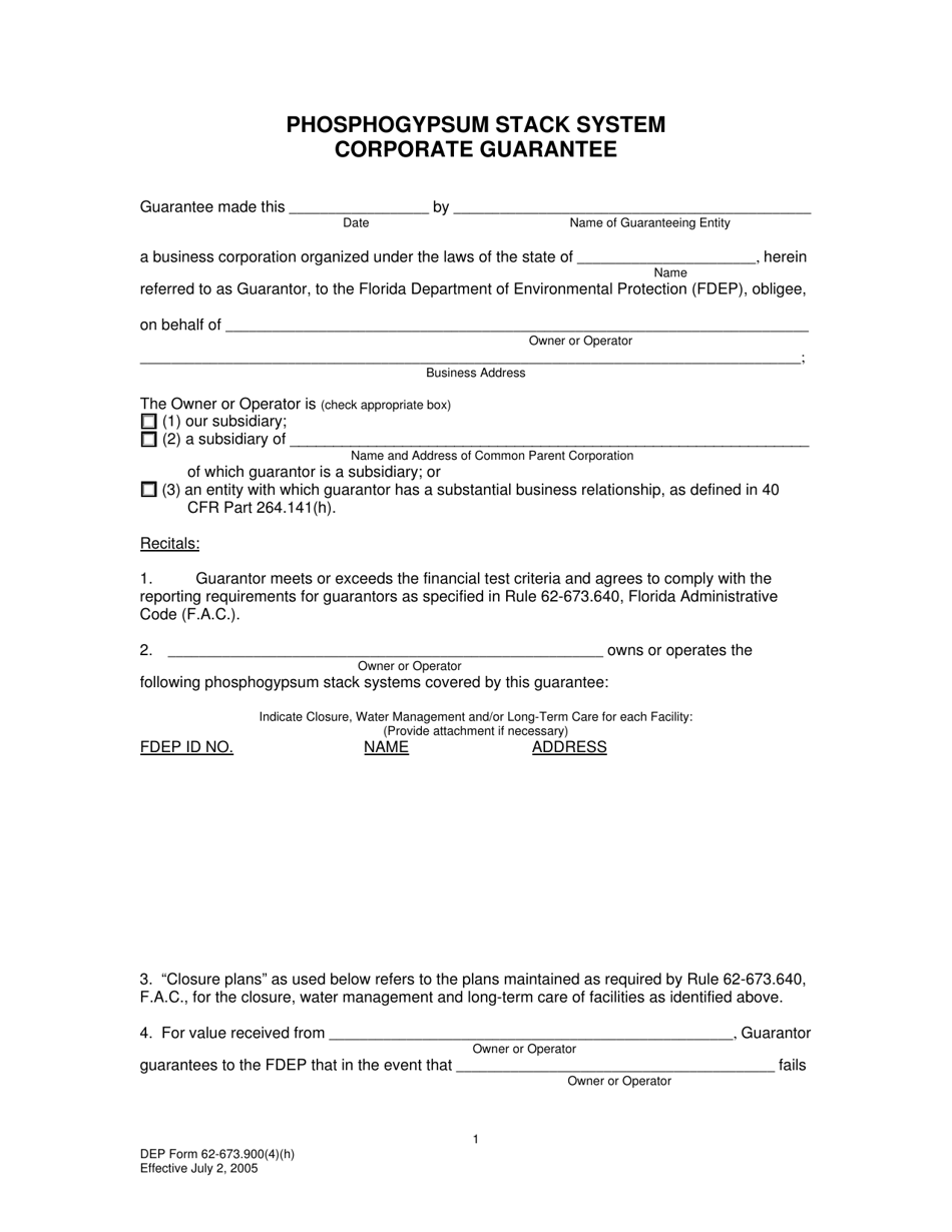 DEP Form 62-673.900(4)(H) Phosphogypsum Stack System Corporate Guarantee - Florida, Page 1