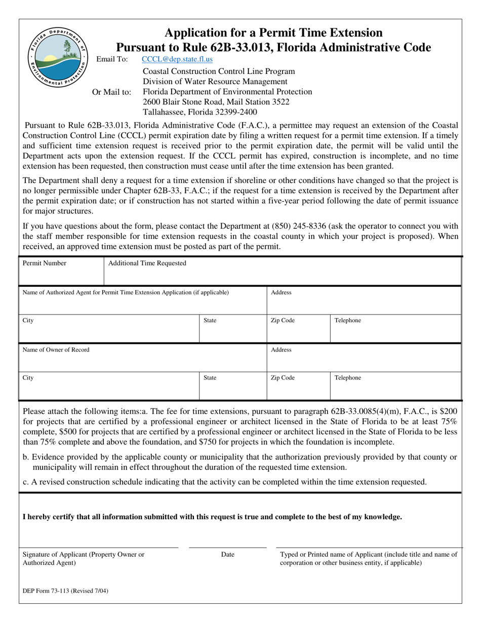 DEP Form 73-113 Application for a Permit Time Extension - Florida, Page 1