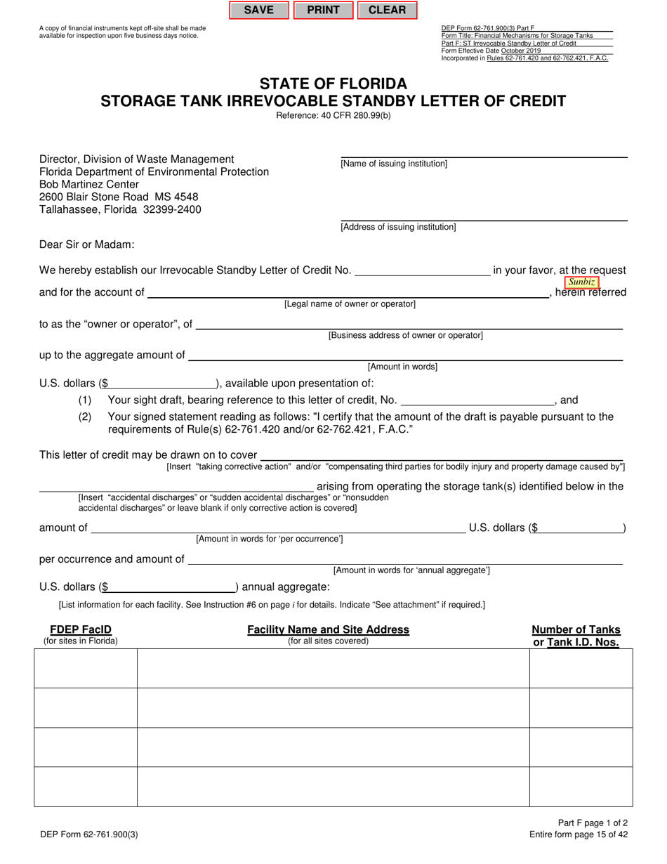 DEP Form 62-761.900(3) Part F Storage Tank Irrevocable Standby Letter of Credit - Florida, Page 1