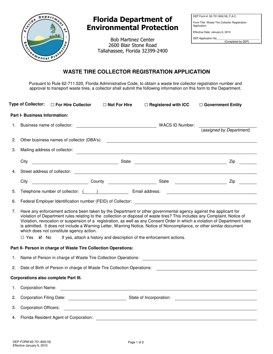 DEP Form 62-701.900(18) Waste Tire Collector Registration Application - Florida, Page 1