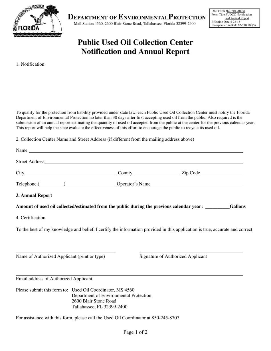 DEP Form 62-710.901(5) Public Used Oil Collection Center Notification and Annual Report - Florida, Page 1