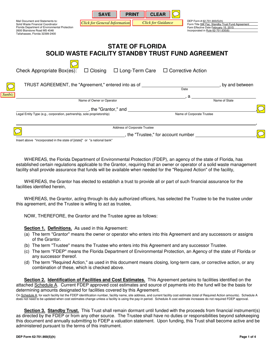 DEP Form 62-701.900(5)(H) Solid Waste Facility Standby Trust Fund Agreement - Florida, Page 1