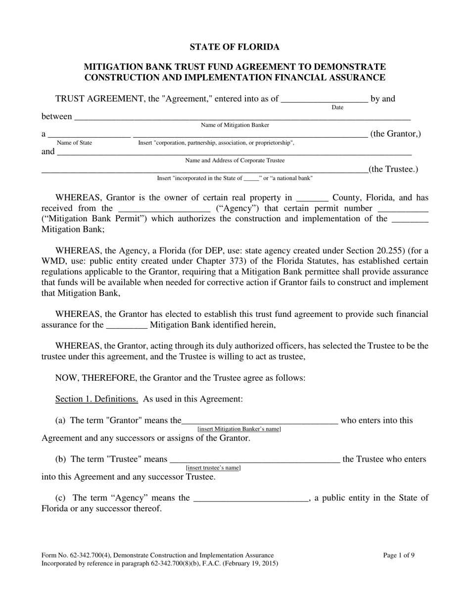 Form 62-342.700(4) Mitigation Bank Trust Fund Agreement to Demonstrate Construction and Implementation Financial Assurance - Florida, Page 1