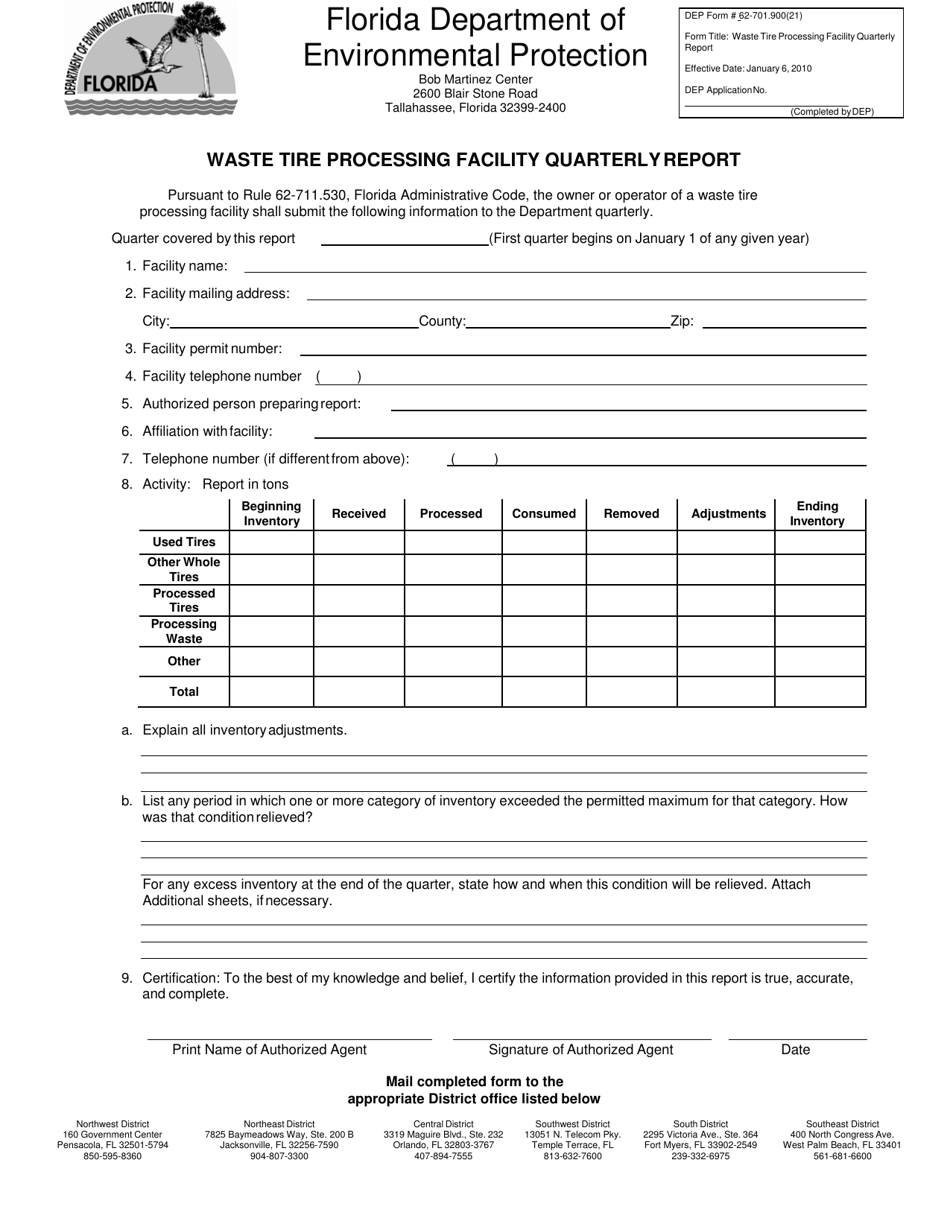 DEP Form 62-701.900(21) Waste Tire Processing Facility Quarterly Report - Florida, Page 1