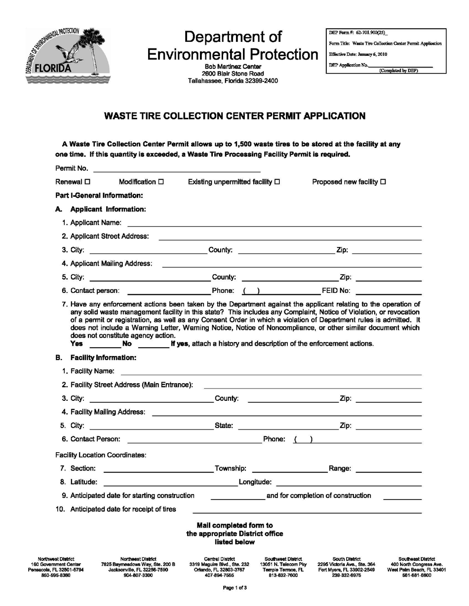 DEP Form 62-701.900(25) Waste Tire Collection Center Permit Application - Florida, Page 1