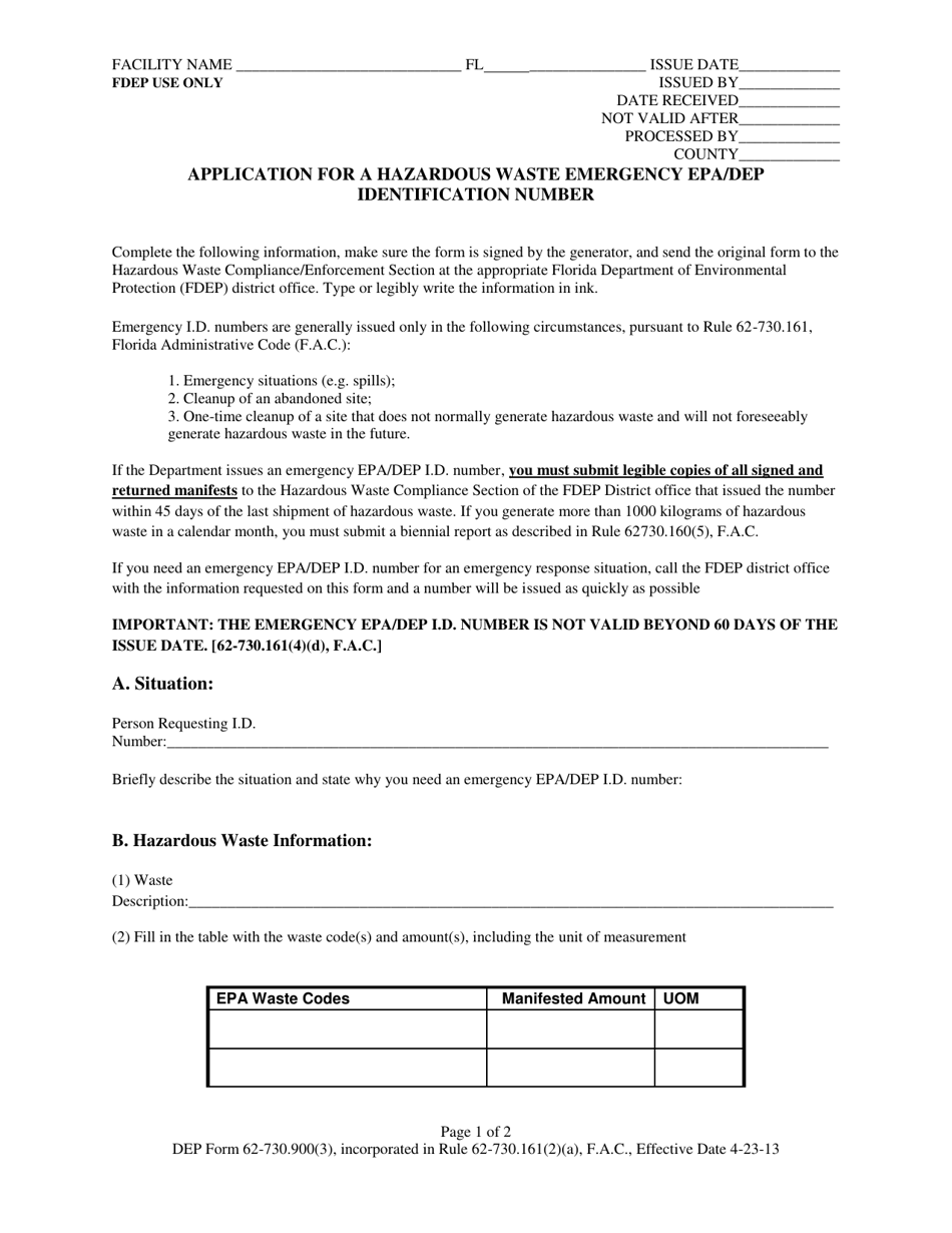 DEP Form 62-730.900(3) Application for a Hazardous Waste Emergency EPA / DEP Identification Number - Florida, Page 1