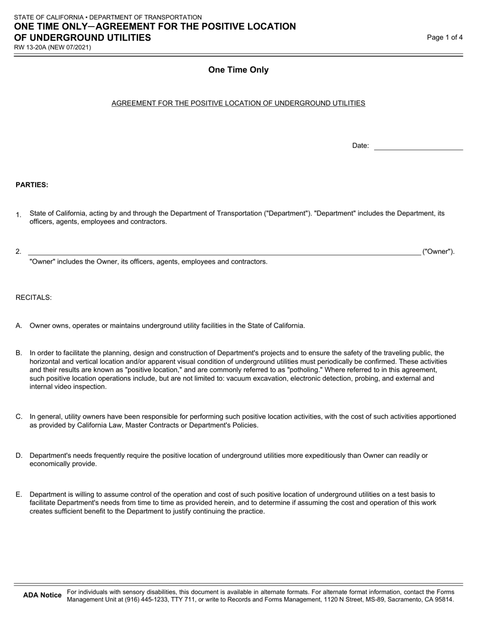 Form RW13-20A One Time Only Agreement for the Positive Location of Underground Utilities - California, Page 1
