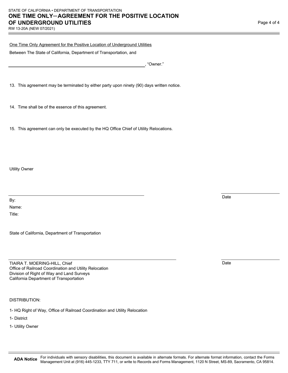 Form RW13-20A One Time Only Agreement for the Positive Location of Underground Utilities - California, Page 4