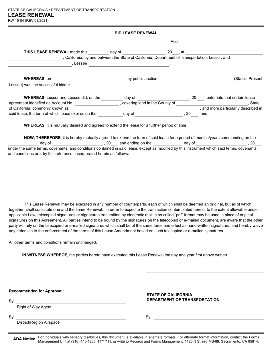 Form RW1504 Download Fillable PDF or Fill Online Lease Renewal California Templateroller