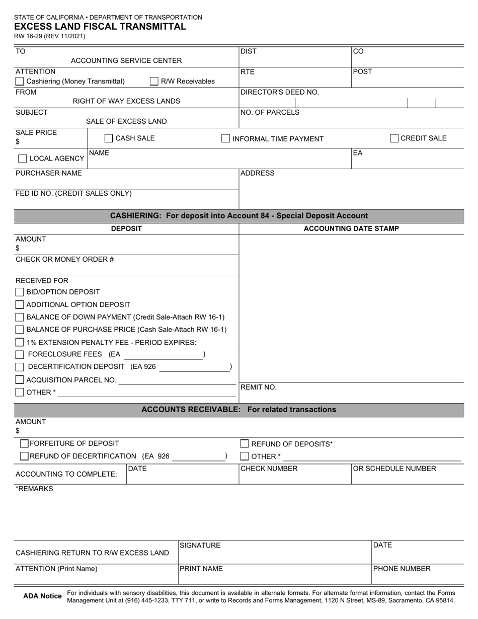 Form RW16-29 Excess Land Fiscal Transmittal - California, Page 1