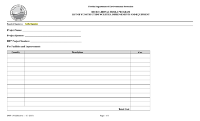 Form DRP-138 List of Constructed Facilities, Improvements and Equipment - Florida