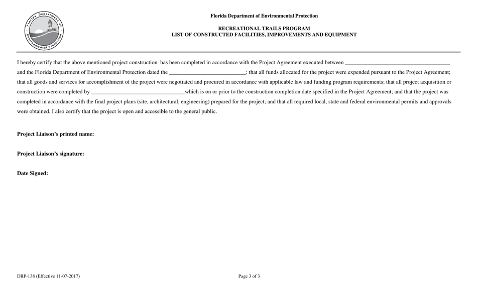 Form DRP-138 List of Constructed Facilities, Improvements and Equipment - Florida, Page 3